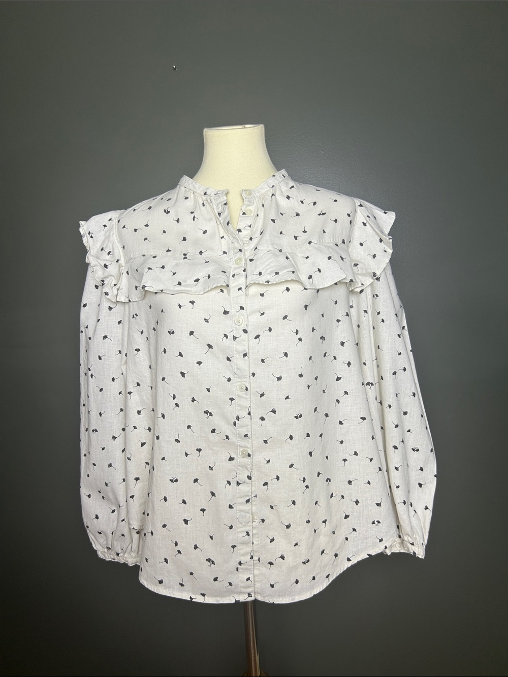 H&M White Button-Front Blouse with Black Floral Details